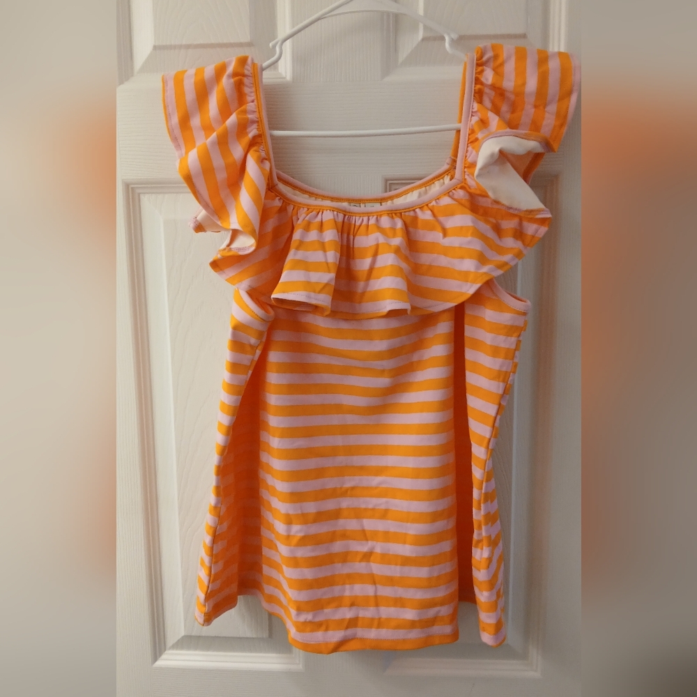 Cato Orange and White Striped Ruffle Tank Top
